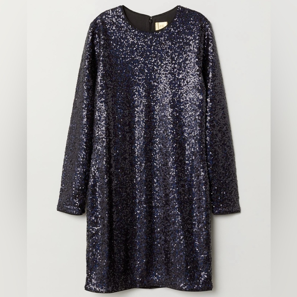 H&M Dark Navy Sequin Mini Long Sleeve Dress, size 8